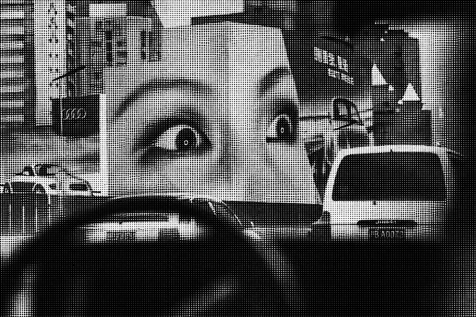 Halftone street scene with billboard eyes over traffic